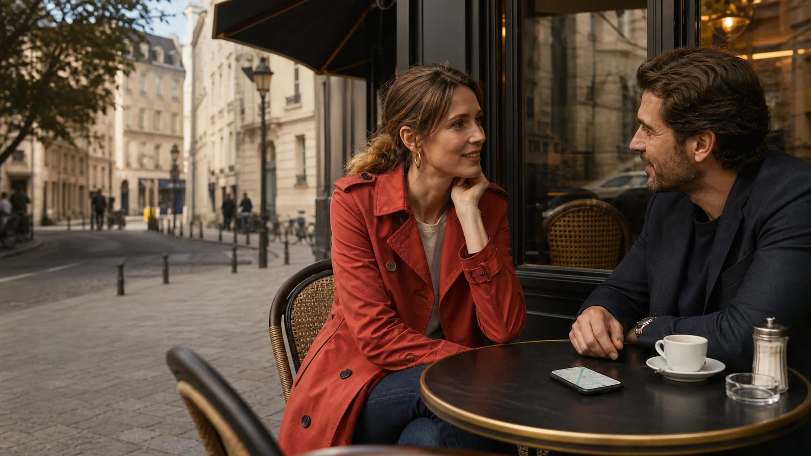 Deux adultes discutent à la terrasse d’un café dans une ville française